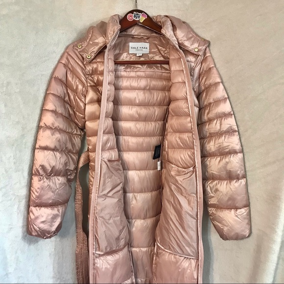 Cole Haan Signature pink metallic puffer jacket vegan “down” filled belted coat - Picture 13 of 16